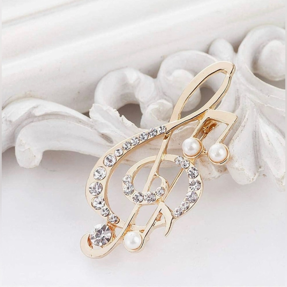 Sparkly Treble Clef + Music Note Fashion Rhinestone, Pearl Brooch Pin, Gold - Picture 8 of 17